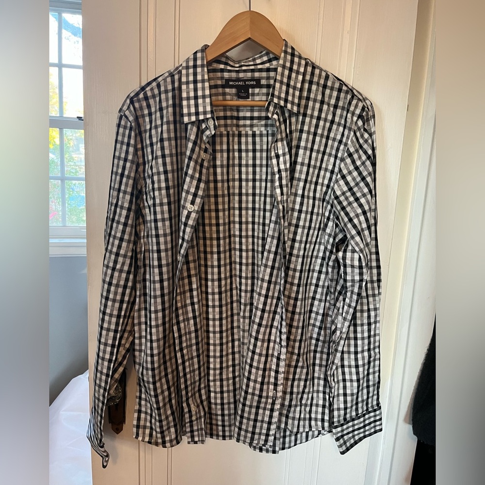 Michael Kors Men's Black and White Plaid Dress Shirt